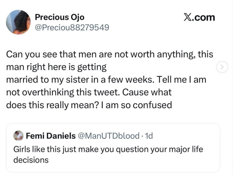 Nigerian woman calls out her prospective brother-in-law for publicly gushing over a woman in a revealing outfit just weeks before his wedding